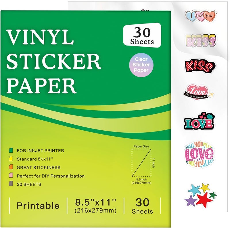 Aevdor 30 Sheets Printable Clear Sticker Paper for Inkjet Printer, Premium Vinyl Transparent Sticker Paper Waterproof, Dries Quickly, Vivid Colors, Tear Resistant, 8.5x11" Labels Great for Cutting Machines - Image 1